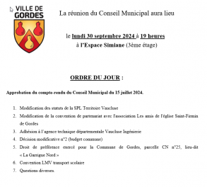  Ordre du jour du Conseil municipal - 30/09